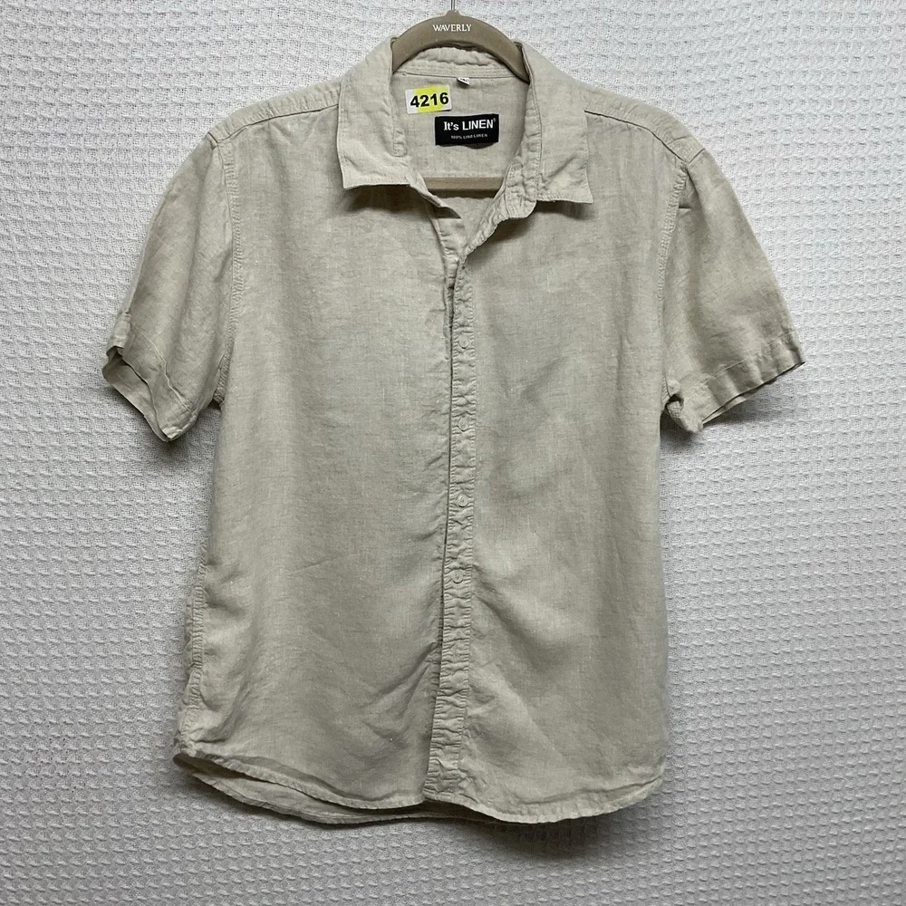 It's LINEN Button Down Shirt Women's Size XL Beige Short Sleeve Safari Travel